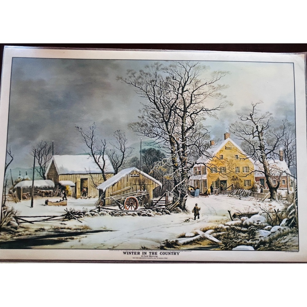 Currier & Ives Placemats Laminated Set of 4 Americana Christmas Farmhouse Rustic - Picture 4 of 9